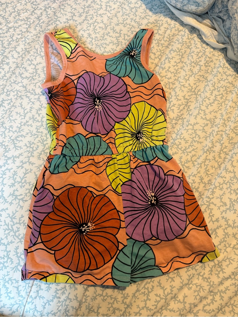 Tea Collection Peach Tank Dress with Purple, Teal, Yellow, Rust Blooms